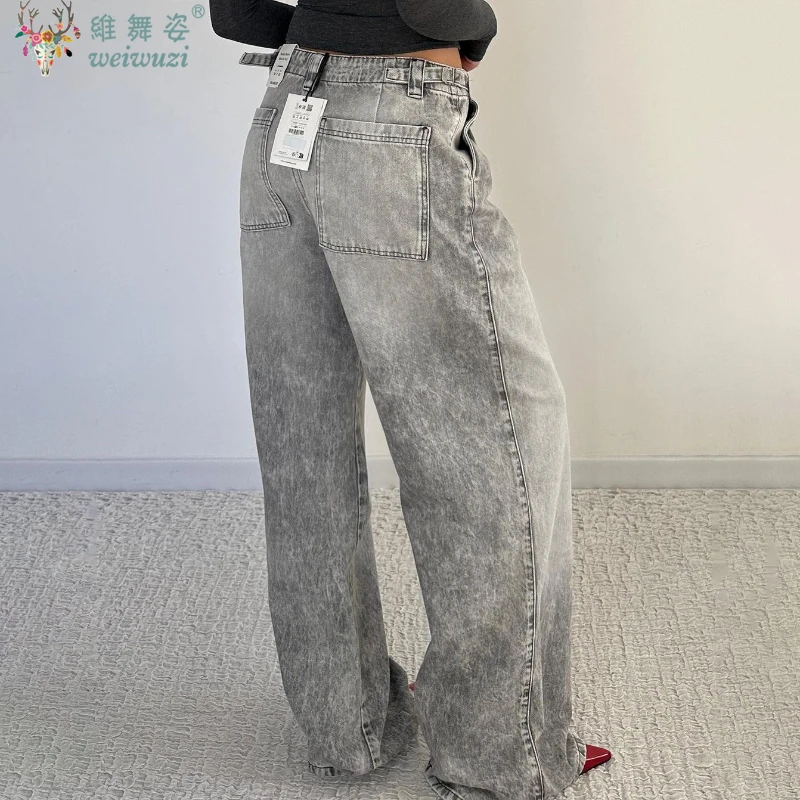กางเกงยีนส์ผู้หญิงสีเทาสไตล์ฮาราจูกุ ขากว้างลำลอง กอธ เอวสูง ทรงตรง สตรีทแวร์ ทรงหลวม Y2K