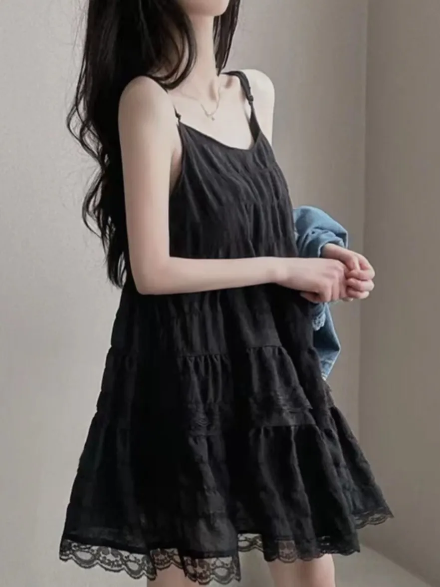 Chic Summer Sweet Fairylike Pleated Lace Strap Dr + Denim ort Sve ort Jaet Two Piece Set Women's Faion Ensemble