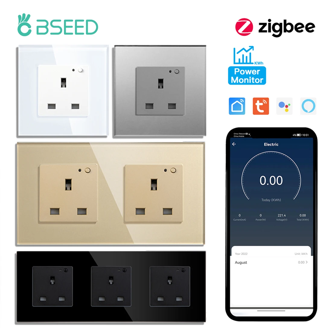 

Умная двойная розетка BSEED UK Standard Zigbee с мониторингом энергопотребления, управление через Tuya Smart Life и Google Home, 13А
