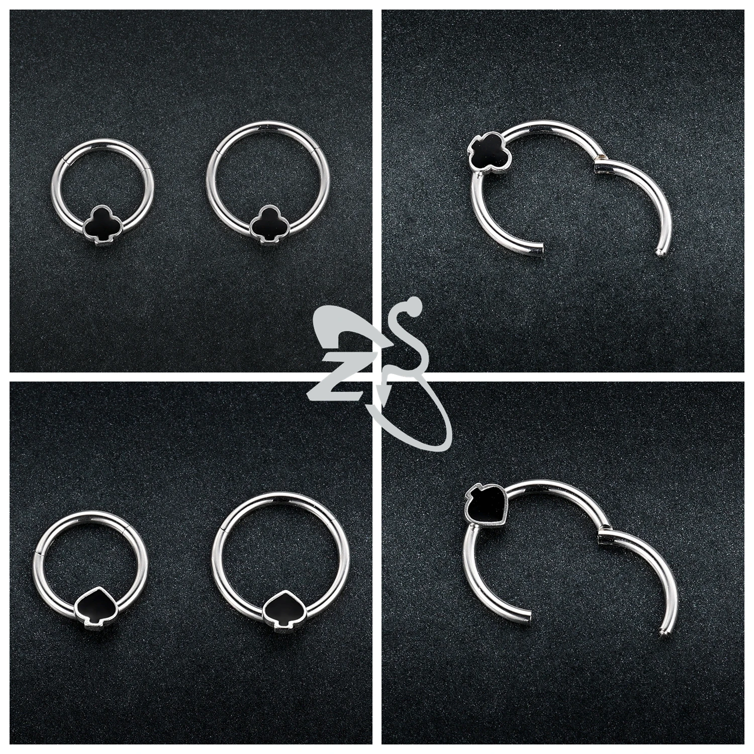 ZS 1 Buah 16G Cincin Hidung Tapal Kuda Baja Tahan Karat untuk Wanita Pria Pola Poker Kancing Hidung Bulat Perhiasan Tindik Lubang Hidung 8MM/10MM