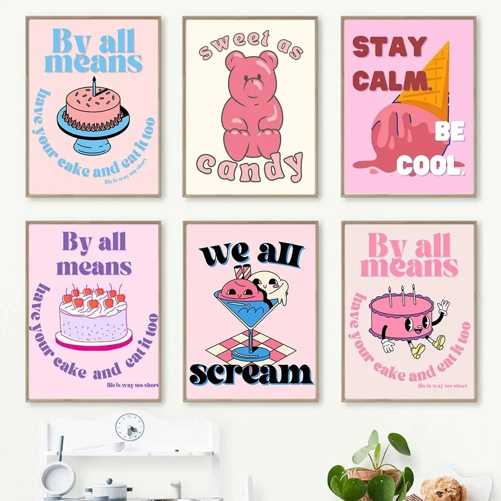 Pintura en lienzo con estampado de helado y pastel de comida de dibujos animados, decoración del hogar para habitación de niños y niñas, póster artístico de pared de cocina, imagen de todos mí