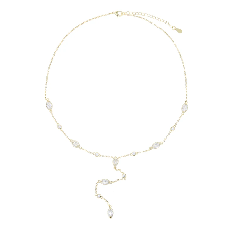 Micro Pave Round Oval Cz Fashion Gold Color Sexy Y Lariat Necklace Bling Marquise Cz Long Link Chain Charm Pendant Jewelry