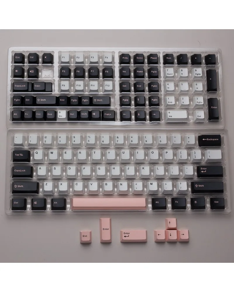 Black white and pink color block pbt dye sub keycaps full set oem profile for mechanical keyboards