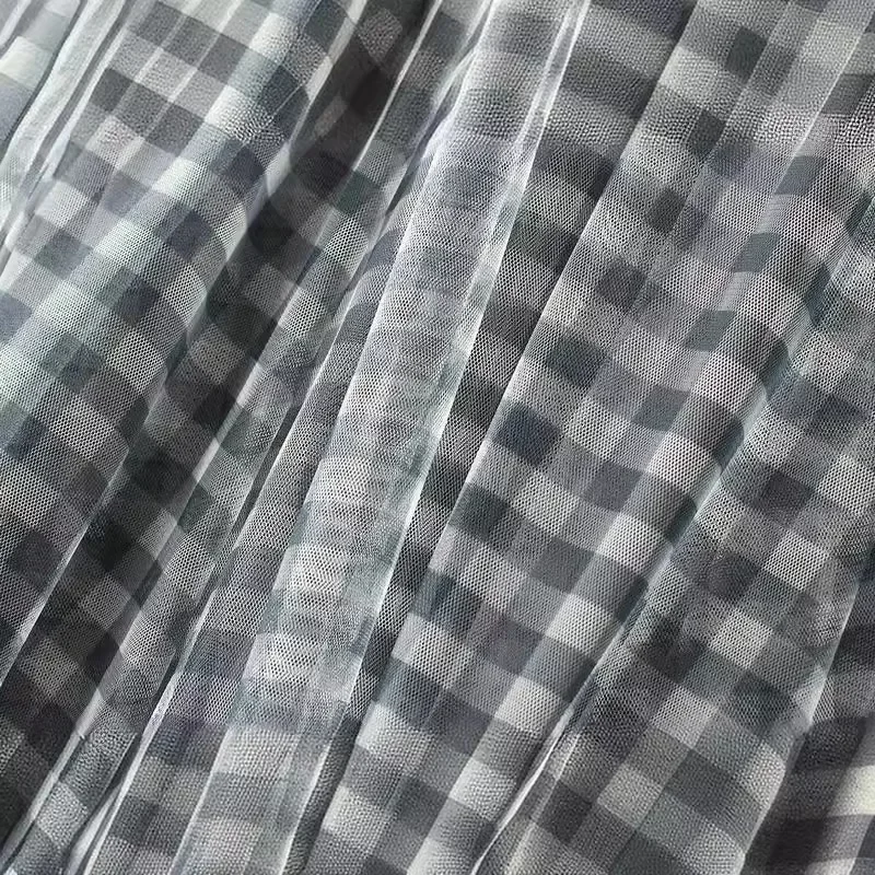 ヴィンテージ風チェック柄ストライプメッシュハイウエストカジュアルミディ丈ロングスカート レディース 2025春夏 チュールAラインエレガントスカート