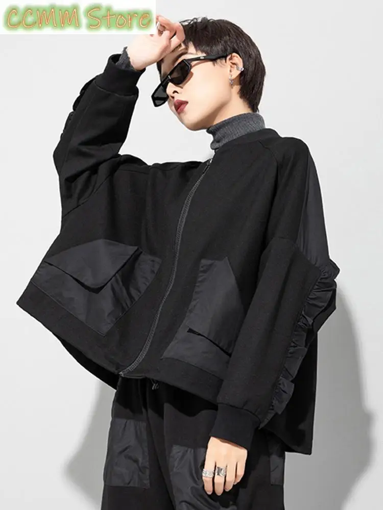 

Loose Fit Black Pocket Ruffles Big Size Jacket New Stand Collar Long Sleeve Women Coat Fashion Autumn Winter