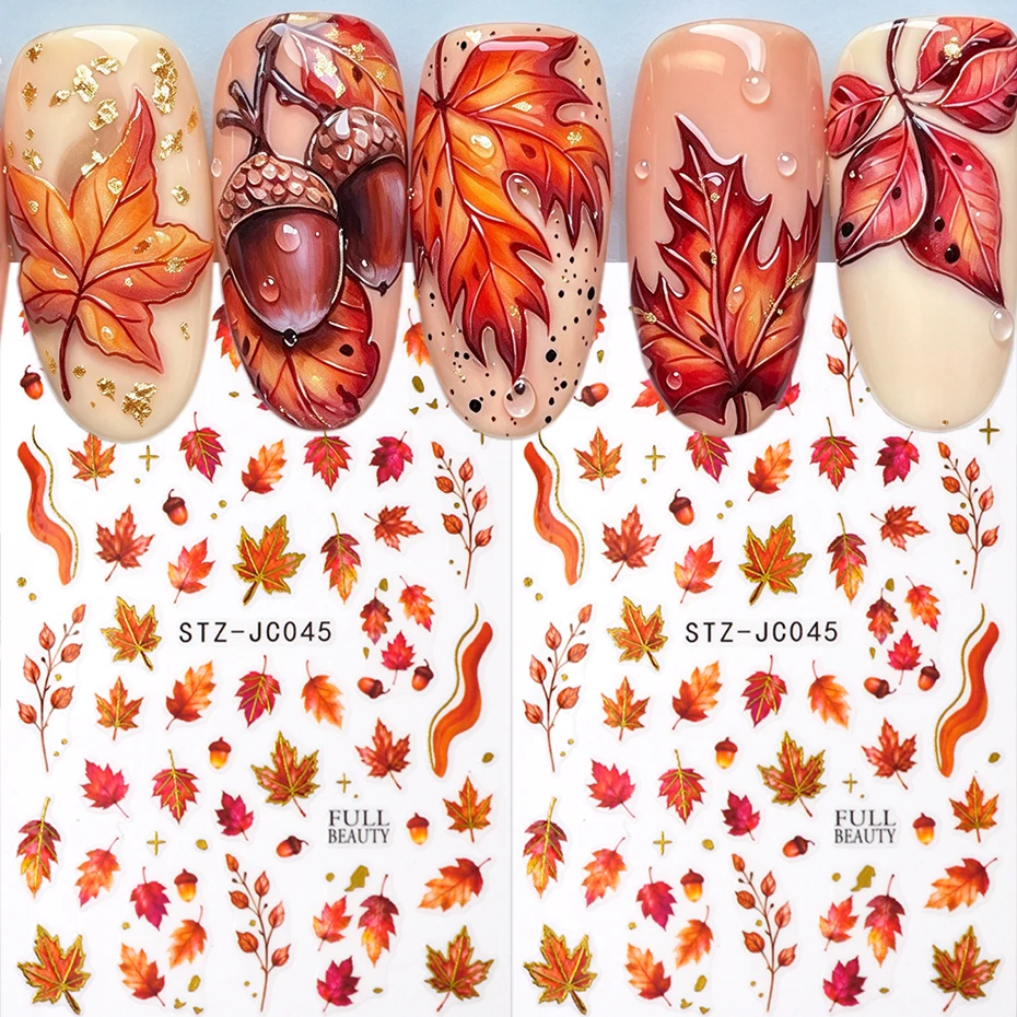 Fall Maple Leaf Curve Line Tip Nail Art Stickers Autumn Oak Leaf Acorn Thanking Harvest Brown Nail Charm Manicure Accessories