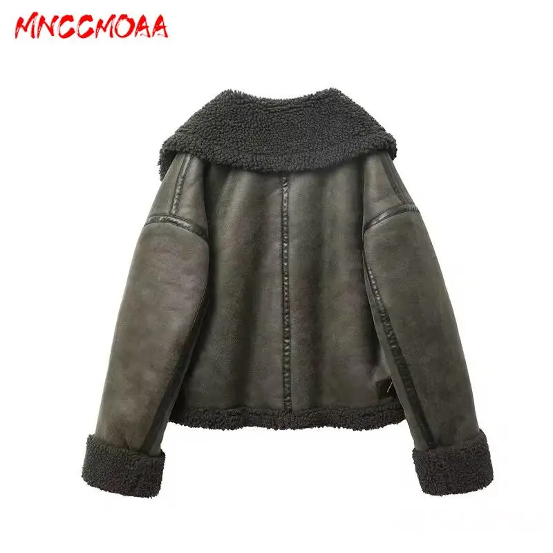 MNCCMOAA-Women's Vintage Thick Warm Faux Leather Jacket, Lambswool Coats, Female Casual Loose Outwear, High Quality, Winter 2024