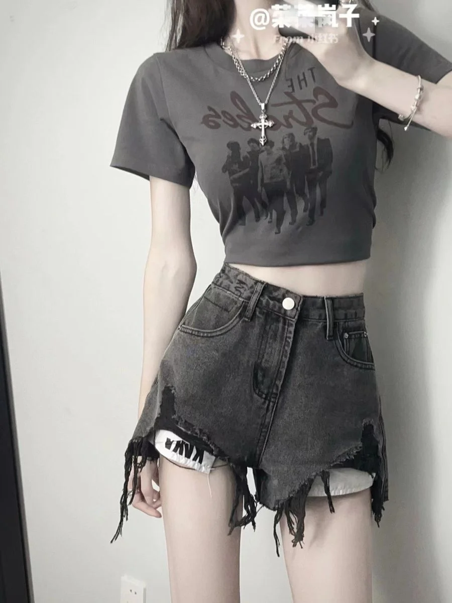 Pantalones cortos para mujer y niña, grupo elegante, línea A, cintura alta, cremallera, cadena de retales, remache de Metal, bloque de Color, cordones, tendencia urbana, escenario