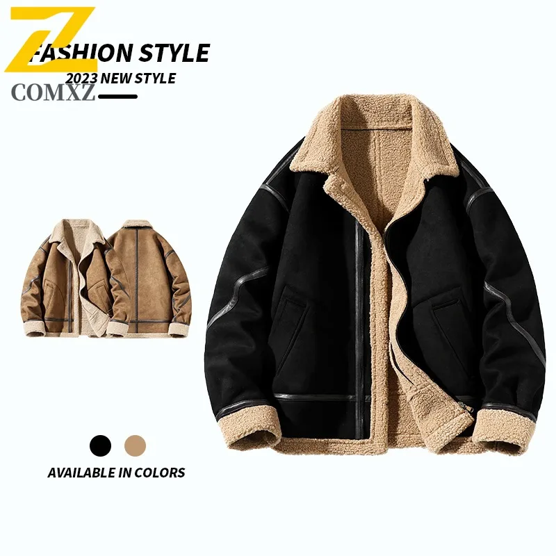

Winter Suede Cotton Coat Brown Vintage Men's Fleece-lined Thickened Lapel Coat Outdoor Loose Breathable Warm Parka Coat
