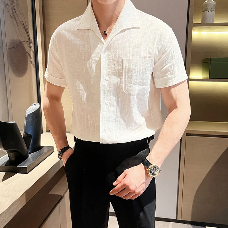 Coffee Cuban Collar Linen Shirt  Arc Collar Design Linen Breathable Short Sleeve Shirt ，Elegant High-End Business Clothes