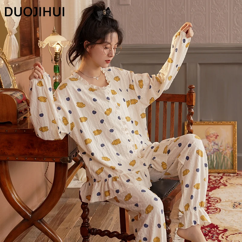 Duojihui Basic O-Neck Cardigan lose Hose lässige Pyjamas für Frauen Herbst süß schön gedruckt einfache Mode weibliche Pyjamas Set