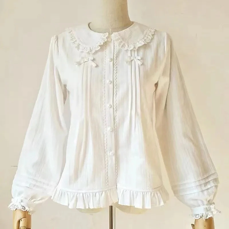 Lolita Cute Whit Shirt Women Sweet Long Sleeve Vintage Kawaii Blouse Japan Preppy  Jk Harajuku Y2K Vintage Cosplay Top