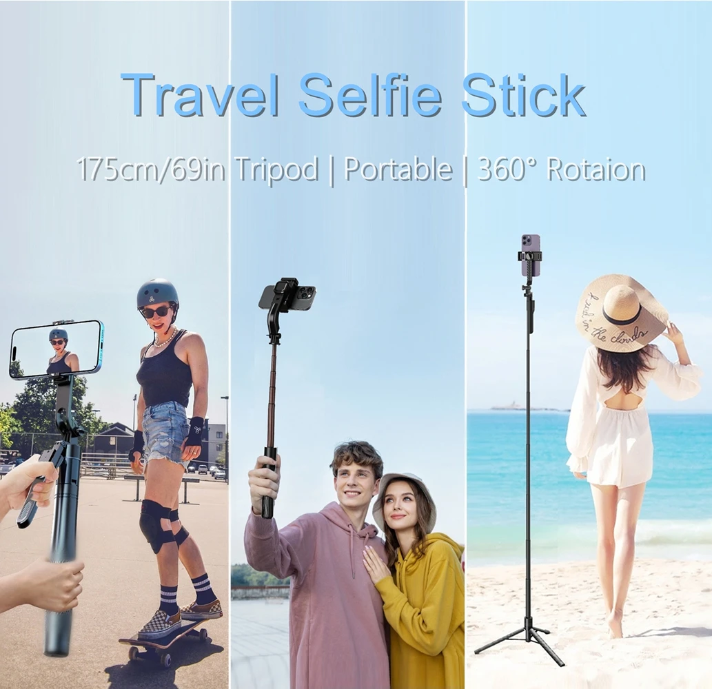 68.9’‘/175cm Tall Wireless Selfie Stick 360° Rotation Panorama Phone Holder Tripod for Mobile Smartphone Action Camera Gimbal