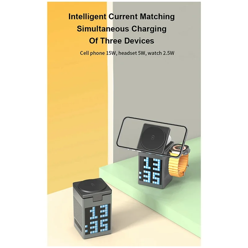 Abki-alto-falante bluetooth 3-em-1 carregador sem fio para iphone 16 15 14 13 12 estação de carregamento rápido para relógio 9 8 7 6 5 4