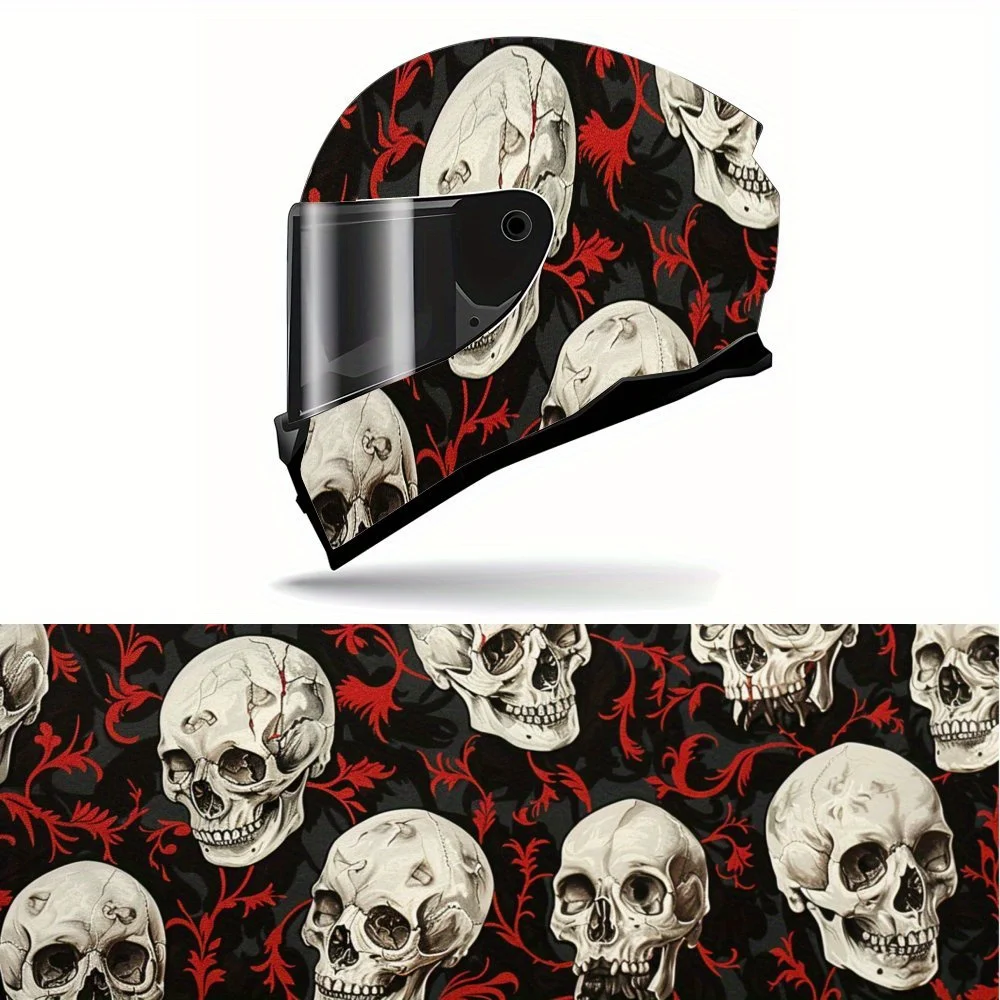 Spooky Skull and Red Floral Patterns PVC Motorcycle Helmet Vinyl Wrap, Self-Adhesive Waterproof Sticker, Anti-Scratch Decorative