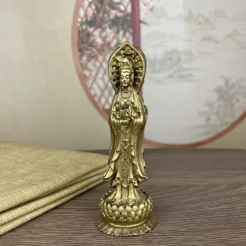 Vintage Guanyin Bodhisattva Buddha Statue with Lotus, Three-Faced Western Three Saints Buddha Statue for Home Worship, Amitabha