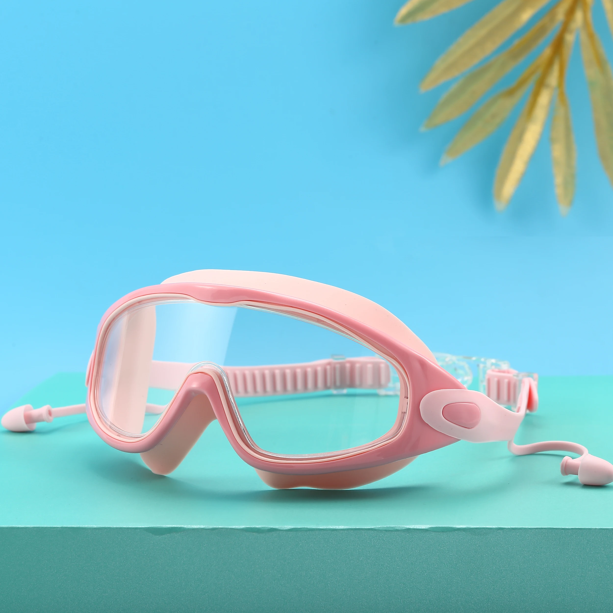 Schwimmbrille für Erwachsene mit großem Rahmen und Ohrstöpseln, männlich und weiblich, professionell, hochauflösend, beschlagfrei, Silikon – Detail 7