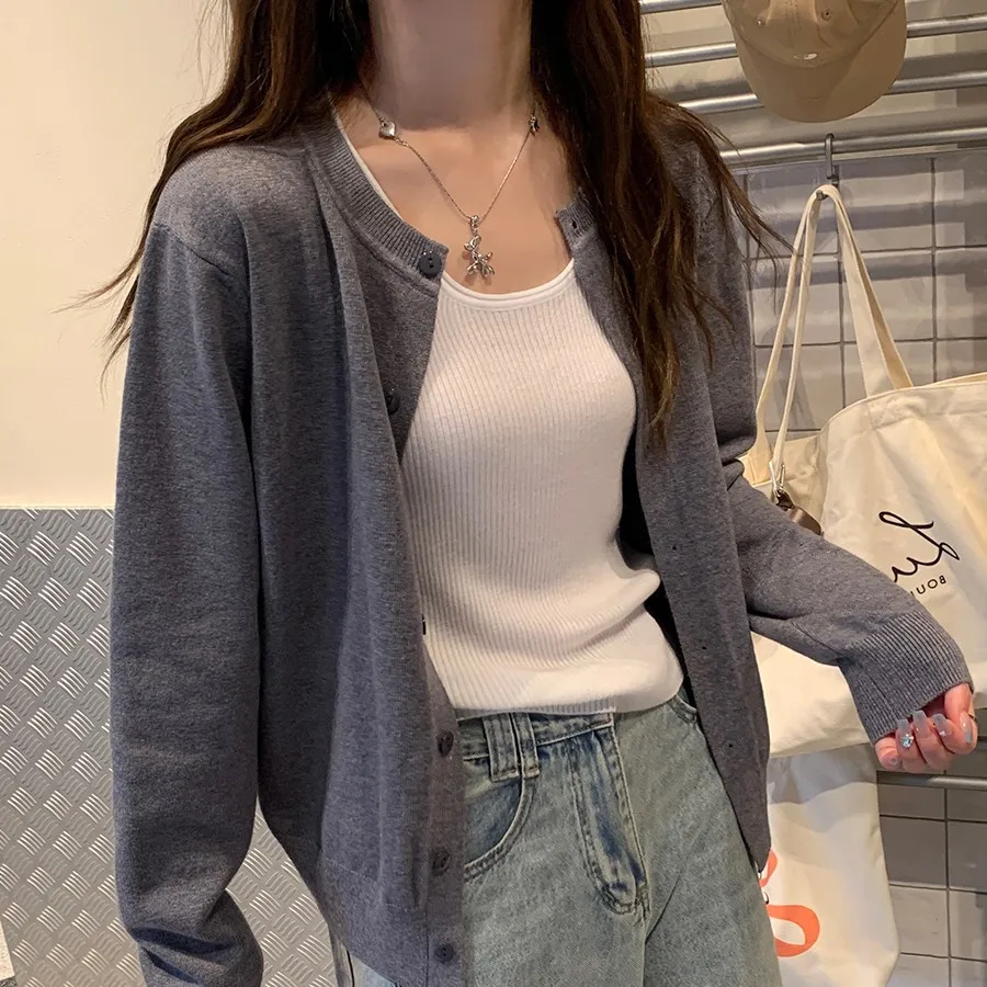 2026 Spring Autumn New Women's Knit Cardigan Solid Color Casual O-Neck Single-Breasted Sweater Comfortable Soft Slim Knitwear