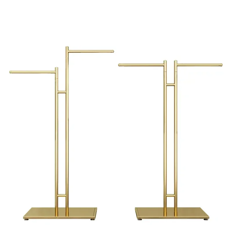 

#s Custom Fitting Lady Stainless Steel Golden clothes stand Retail men's Shop 2 way metal Garment Display Rack for Clothing Stor