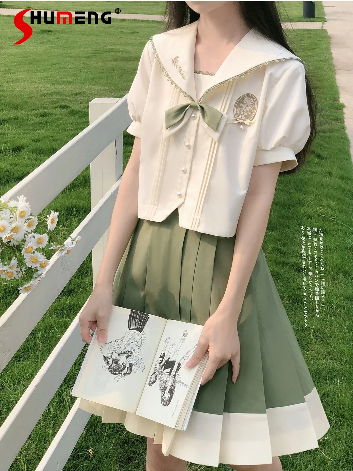 

Japanese Preppy Style JK Uniform Embroidered Sailor Collar Short Sleeve Single-Breasted Shirt Women High Waist Pleated Skirt