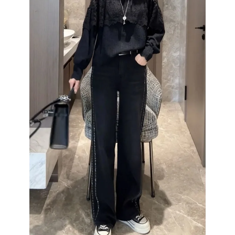 Simple Black Slim Wide Leg Jeans Women Loose Straight Pants With Rhinestones