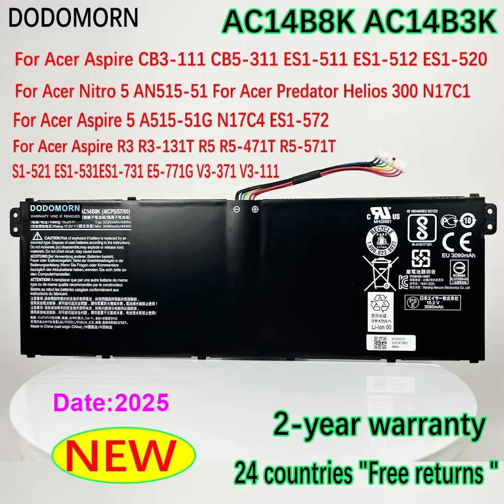 DODOMORN-Batería de ordenador portátil AC14B8K para Acer Aspire, CB3-111, CB5-311, ES1-511, ES1-512, Nitro 5, ES1-520, Predator, Helios 300