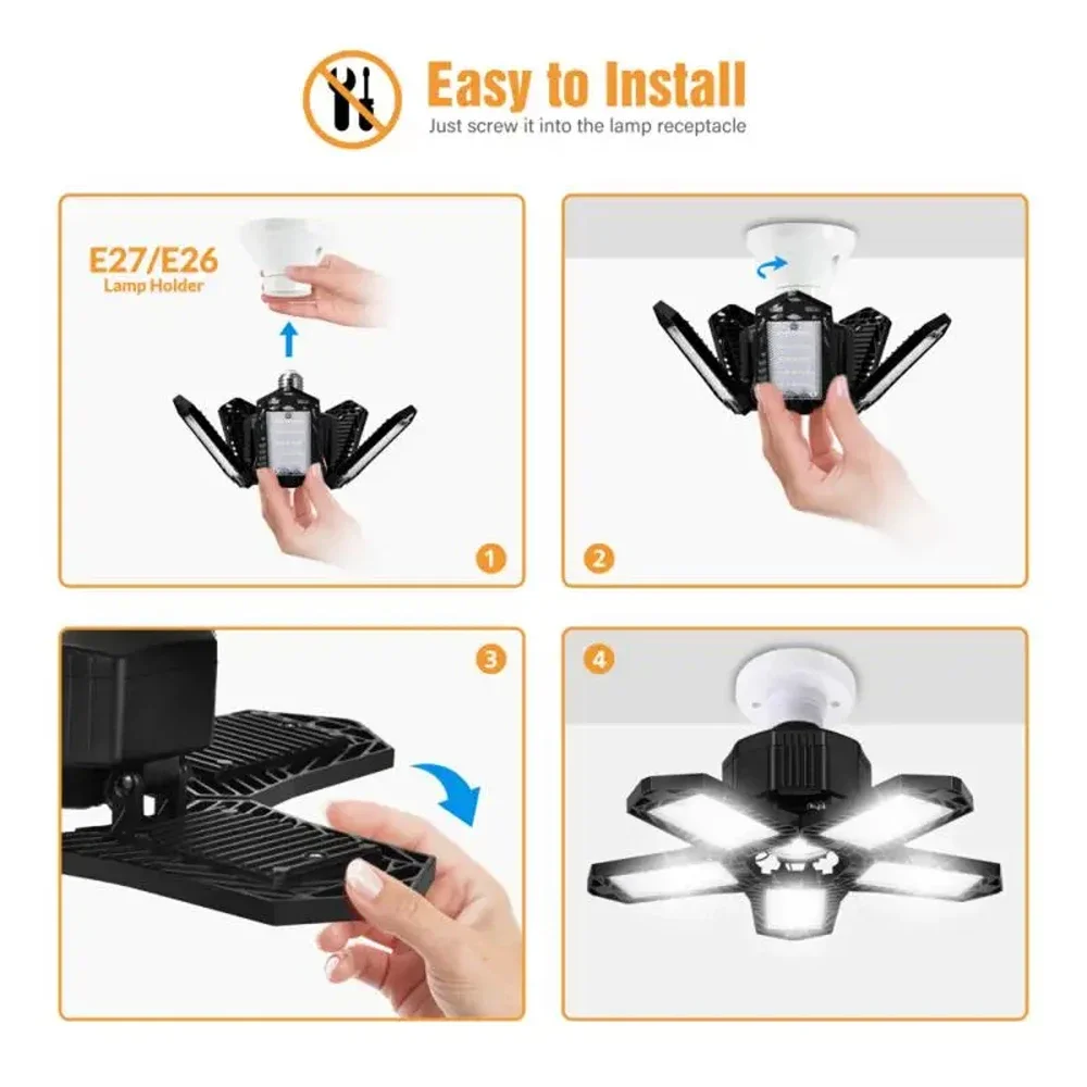 New E27/E26 60W  Garage Light Adjustable Deformable Fan Garage Light  Warehouse Ceiling Industrial Work Light