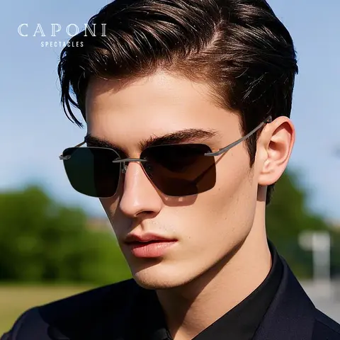 CAPONI Outdoor  Sunglass men  Polarized  Photochromic Ultra Light Pure Titanium  Rimless Sunglasses UV400 Protection ﻿BS28923