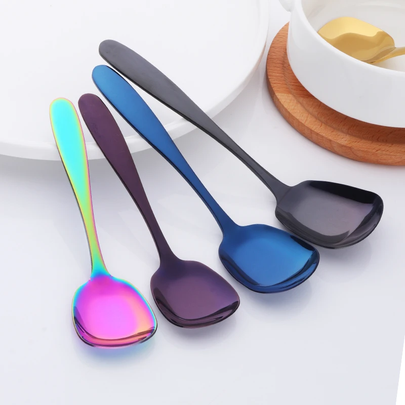 1PC Plat Bottom Spoon Stainless Steel Square Dinner spoons Rice Dinnerware Child Samll Gold  Spoon for Ice Cream Dessert Salad