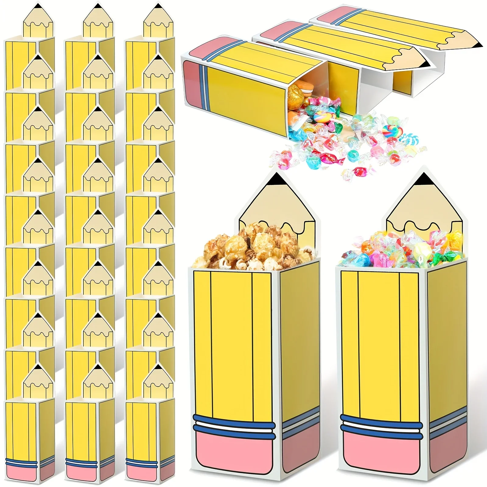 24pcs Back To School Pencil Candy Boxes Popcorn Holders Teacher Gift Bags Party Favors for Thanks Teacher School Decoration