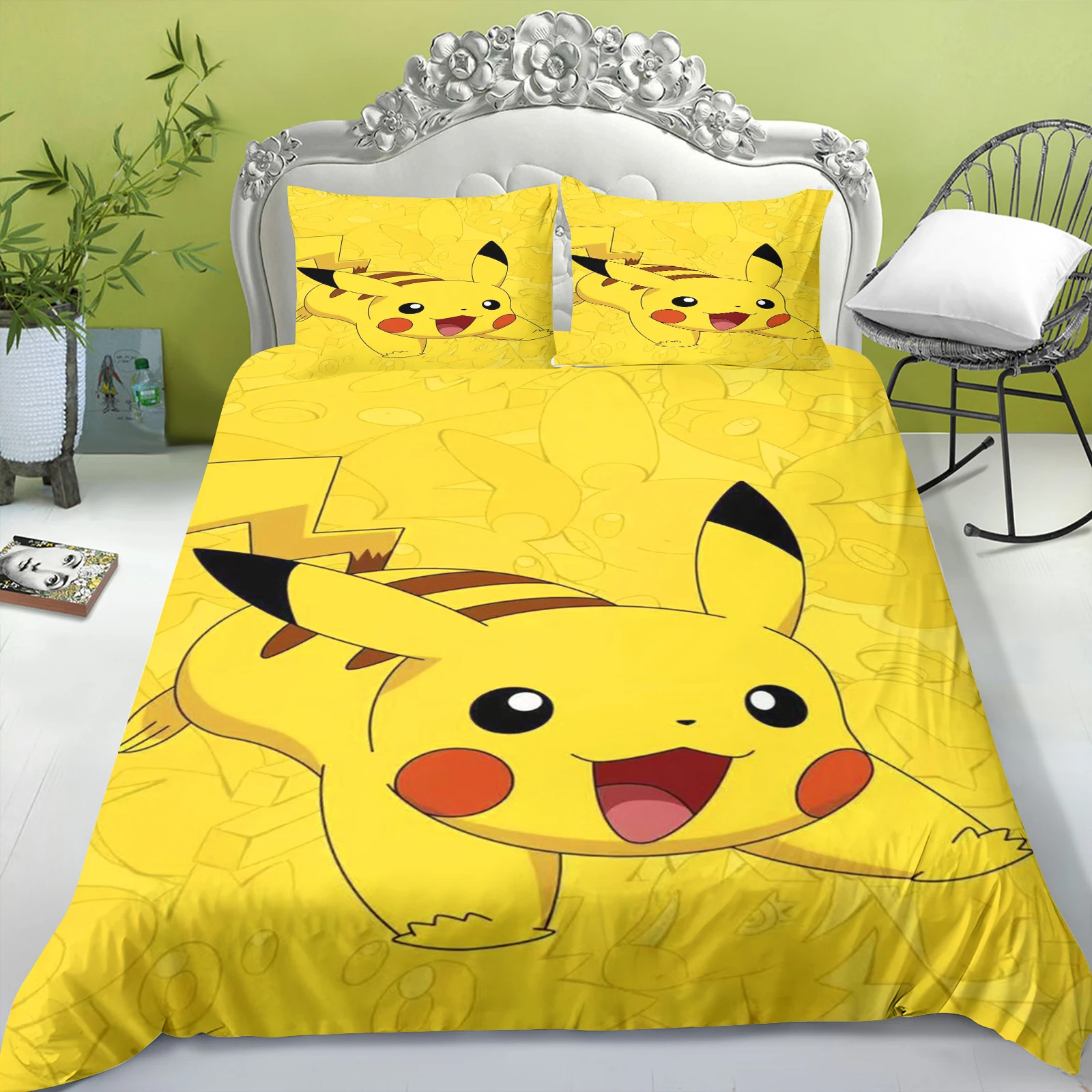 Funda nórdica de Pikachu con dibujo de ratón eléctrico, juego de funda de almohada con estampado azul para el hogar, edredón para dormitorio de