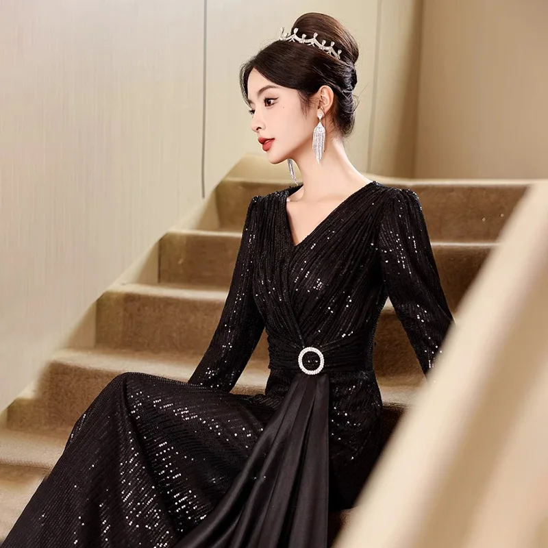 Sparkling Black Evening Dress Light Luxury Sequin Patchwork Cocktail Party Gown Floor-Length Slim Celebrity Red Carpet Vestido