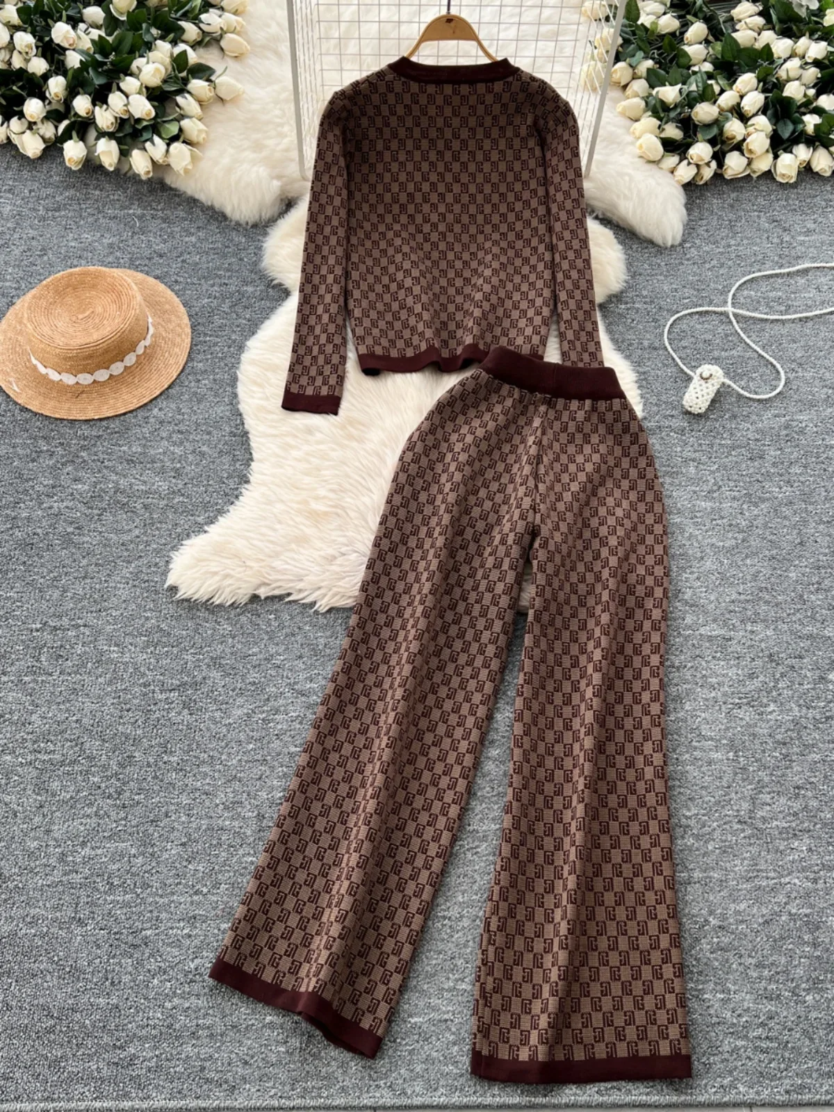 Autumn Winter Printed Knitted Two Piece Sets Women Round Neck Long Sleeve Sweater High Waisted Wide Leg Pants Vintage Tracksuits