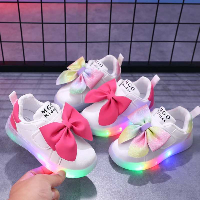 Mgo Kidss Large Bow Light-Up Shoes, Light-Up Shoes, Children's Shoes, Girls' Casual Shoes, Sports Shoes, Flashing Light Shoes, Fantasy Color Rose Red, Suitable for Ages 1-3-6