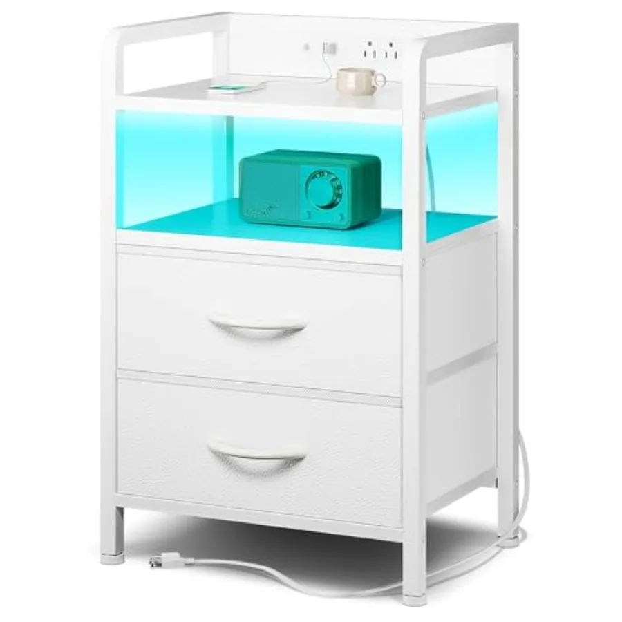 Night Stand Bedside Table Bedroom - Nightstand with Charging Station and LED Light Strip, Morden Bed Side End Table with Storag