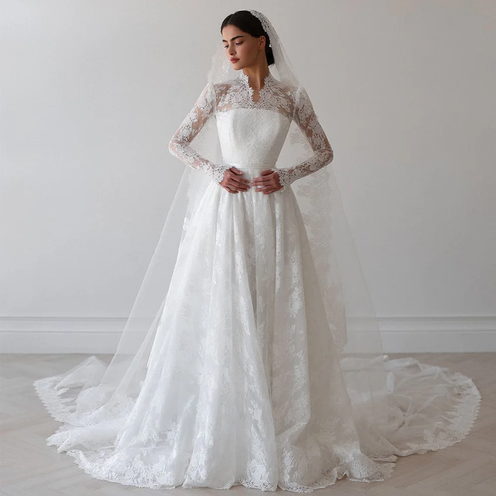 Vestidos De novia románticos De Arabia, vestido De novia personalizado con cuello en V y mangas largas, vestidos De novia saudíes De encaje exquisito, bata De novia