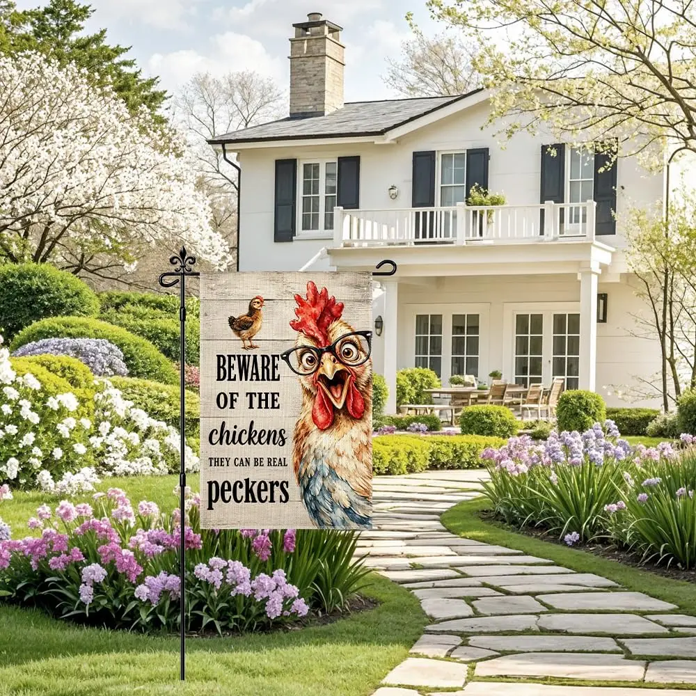 Beware of The Chickens They Can Be Real Peckers Garden Flag, Glasses Chicken Warning Yard Flag for Outside, Humorous Modern  llp
