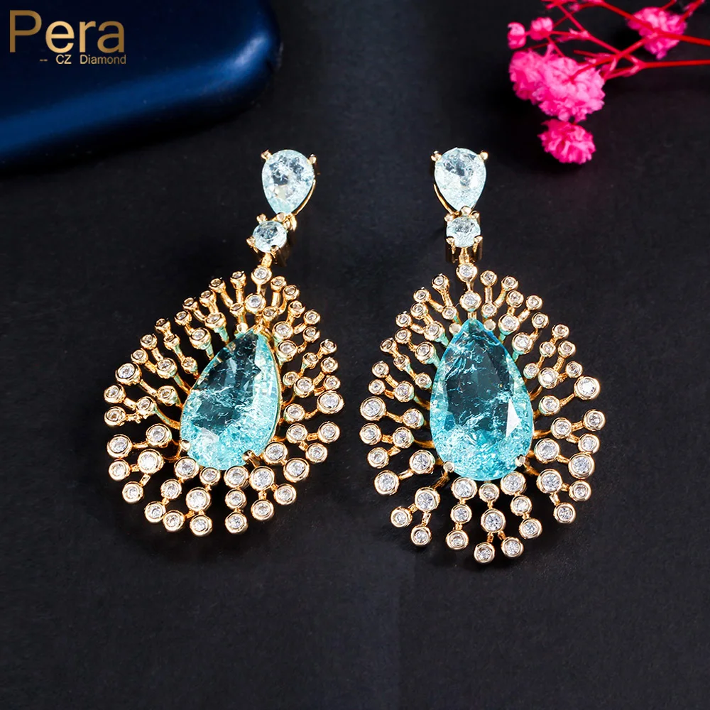 Pera Shiny Spectacularly Broken Water Drop Cut Crystal Long Big Flower Dangle Earring for Women Wedding Jewelry Accessories E961