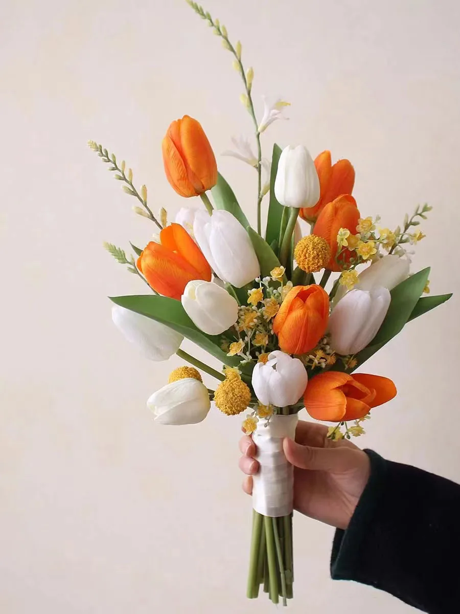 

Orange Wedding Bouquet Handmade Artificial Flower Tulips Grass Buque Casamento Bridal Bouquet For Wedding Mariage Accessories