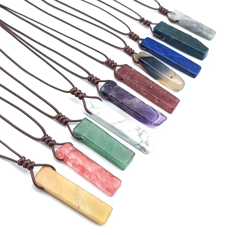 Brown Rope Woven Irregular Agates Strips Stone Pendant Healing Crystal Quartz Pillar Necklace Jewelry Women Men