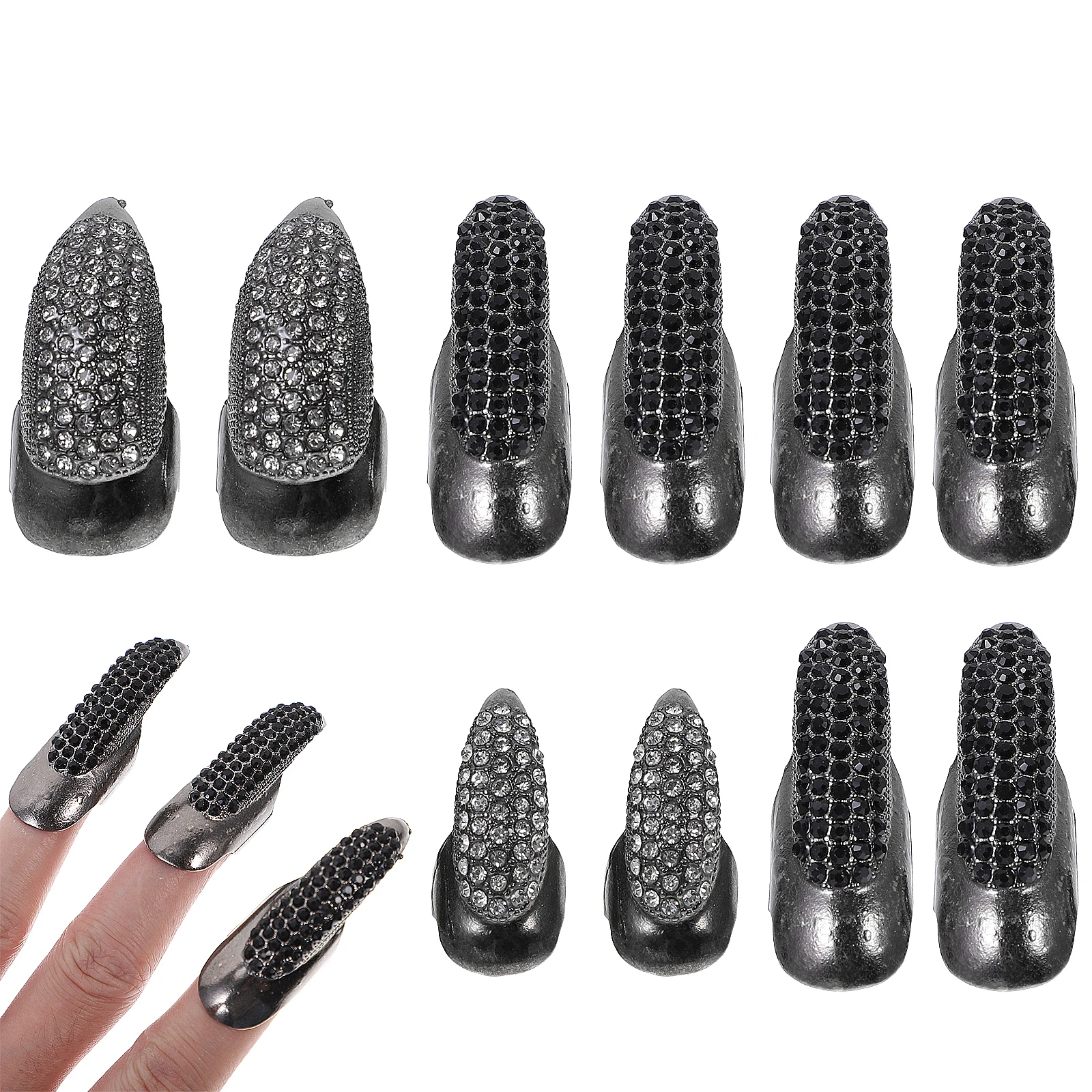 

10pcs Metal Decorative Nails Fingernail Claw Rings Rhinestones Gothic Fingertip Accessories Halloween Cosplay Photography