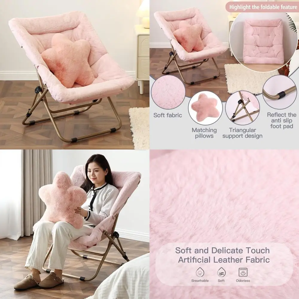 

Oversized Faux Fur Reading Chair for Adults - Soft Folding Lounge Chair with Throw Pillow for Bedroom Comfort