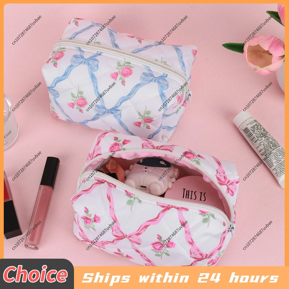 Cute Bow Floral Travel Makeup Pouch with Zipper Toiletry Bag Makeup Organizer Storage Bag for Women and Girls