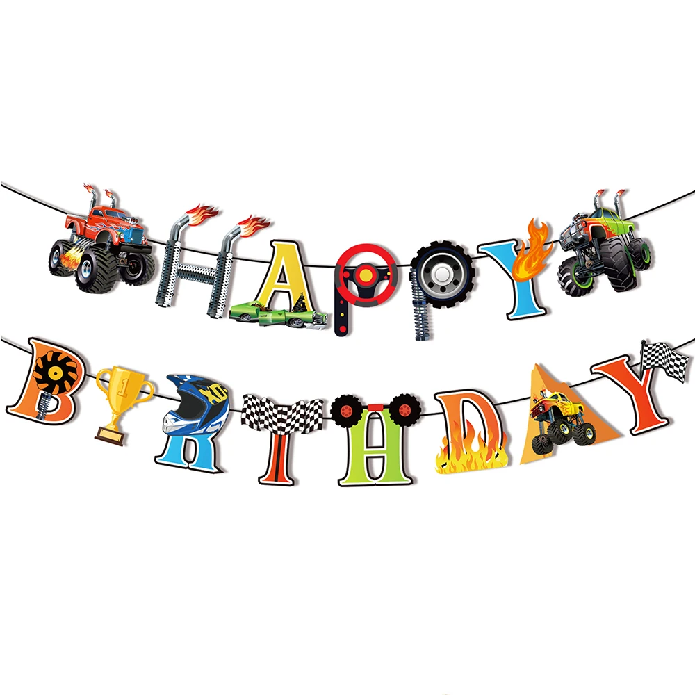 LKW-Geburtstagsparty-Zubehör, alles Gute zum Geburtstag, Banner, Monster-LKW-Banner, Wimpelkette, Flaggen, hängende Wirbel, Luftballons, Cupcake-Topper – Detail 1