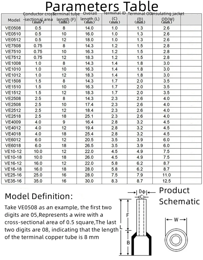 Ve0508~ve16-12 Ve Tubular Crimp Terminals Tube Type Quick Wiring Cable Wire Connector Insulated Wires Pin Terminal