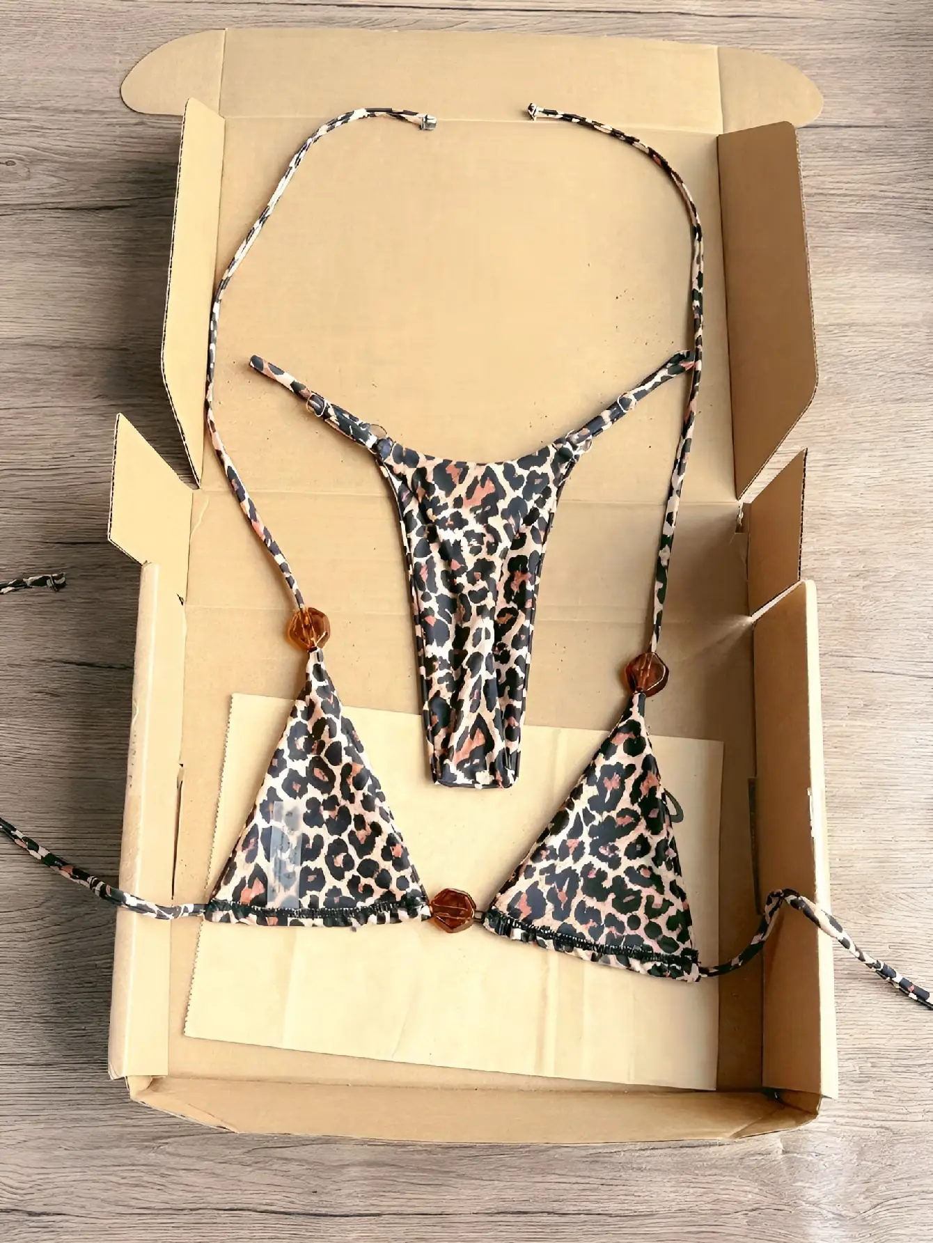 Women Leopard Print Beaded Triangle Bikini Set Halter Tie‑Side Thong Two‑Piece Swimwear