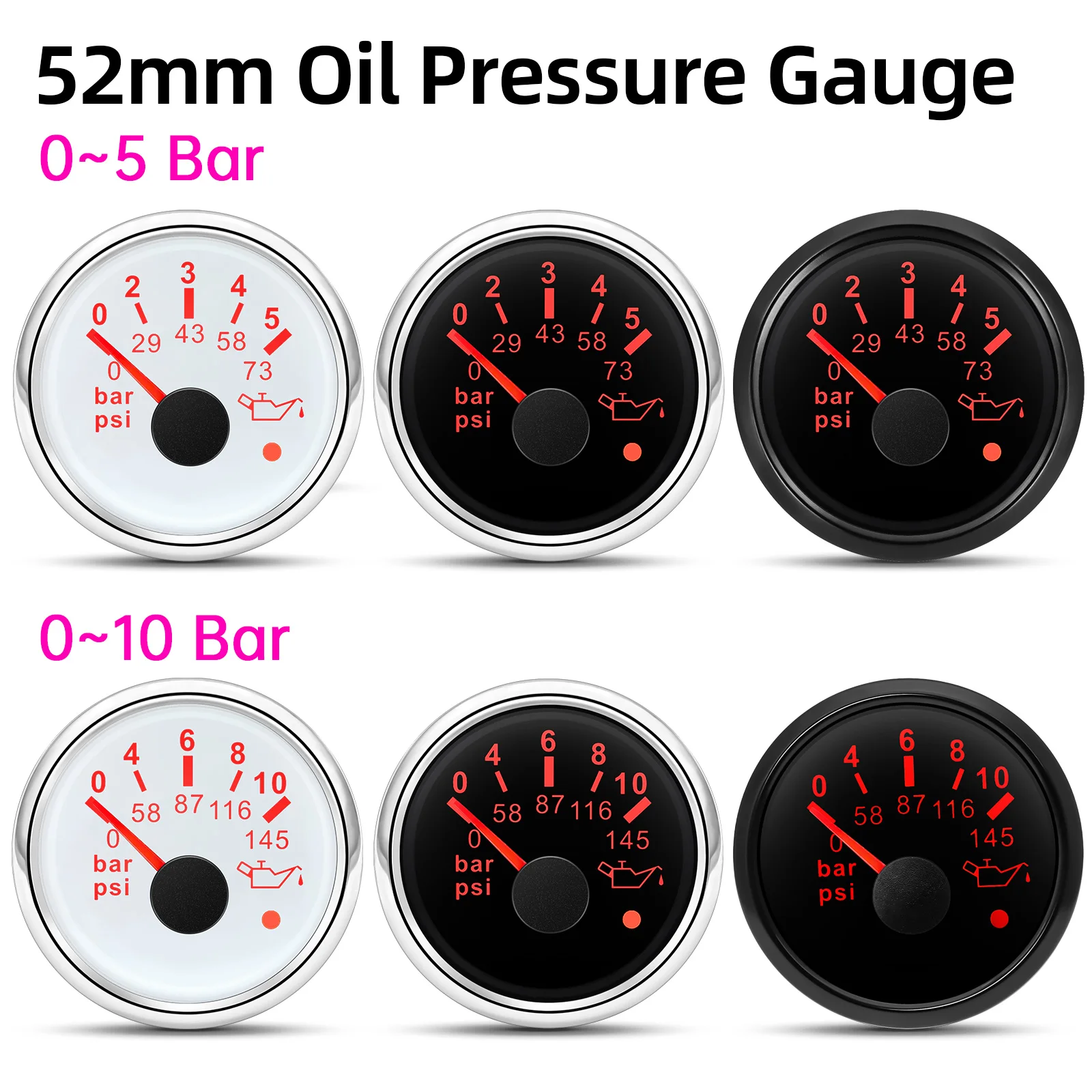 5Bar/73PSI,10Bar/145PSI Oil Pressure Gauge Red Backlight 52mm Oil Press Meter Indicator Sensor 1/8NPT for Auto Car Marine 12V24V