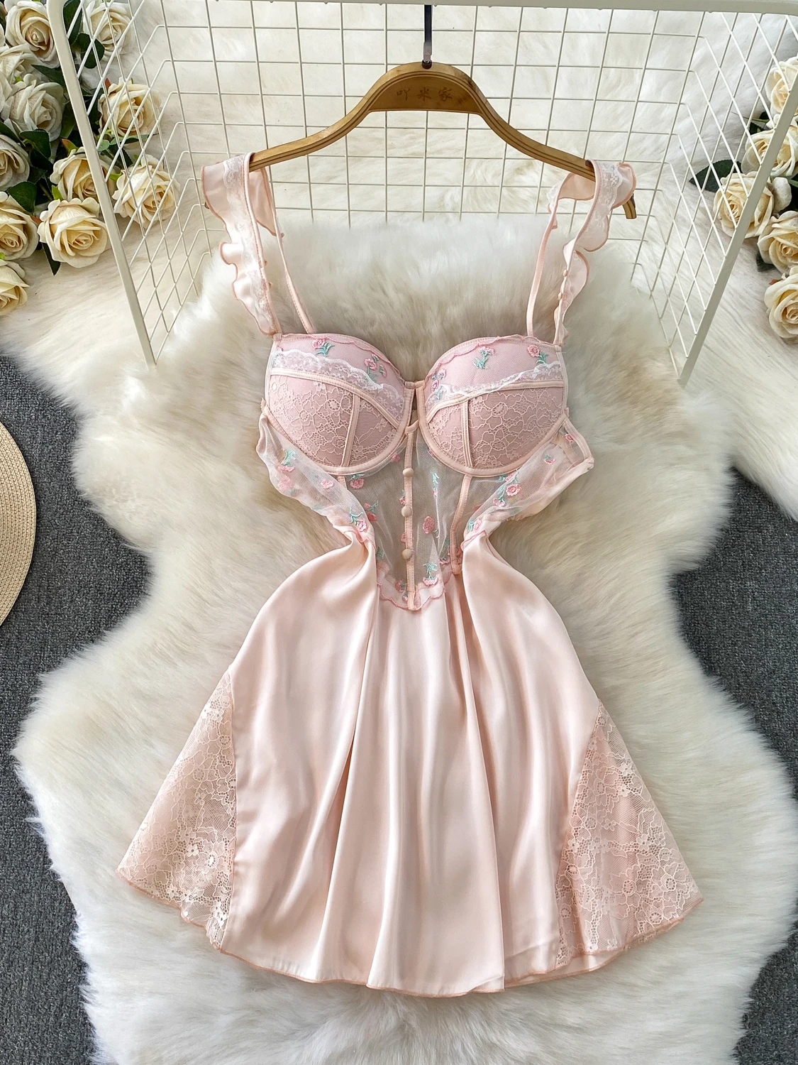 

Foamlina сексуальная пижама женская розовая кружевная бейка на бретельках без рукавов с прозрачной сеткой с цветочной вышивкой и открытой спиной милая ночная рубашка