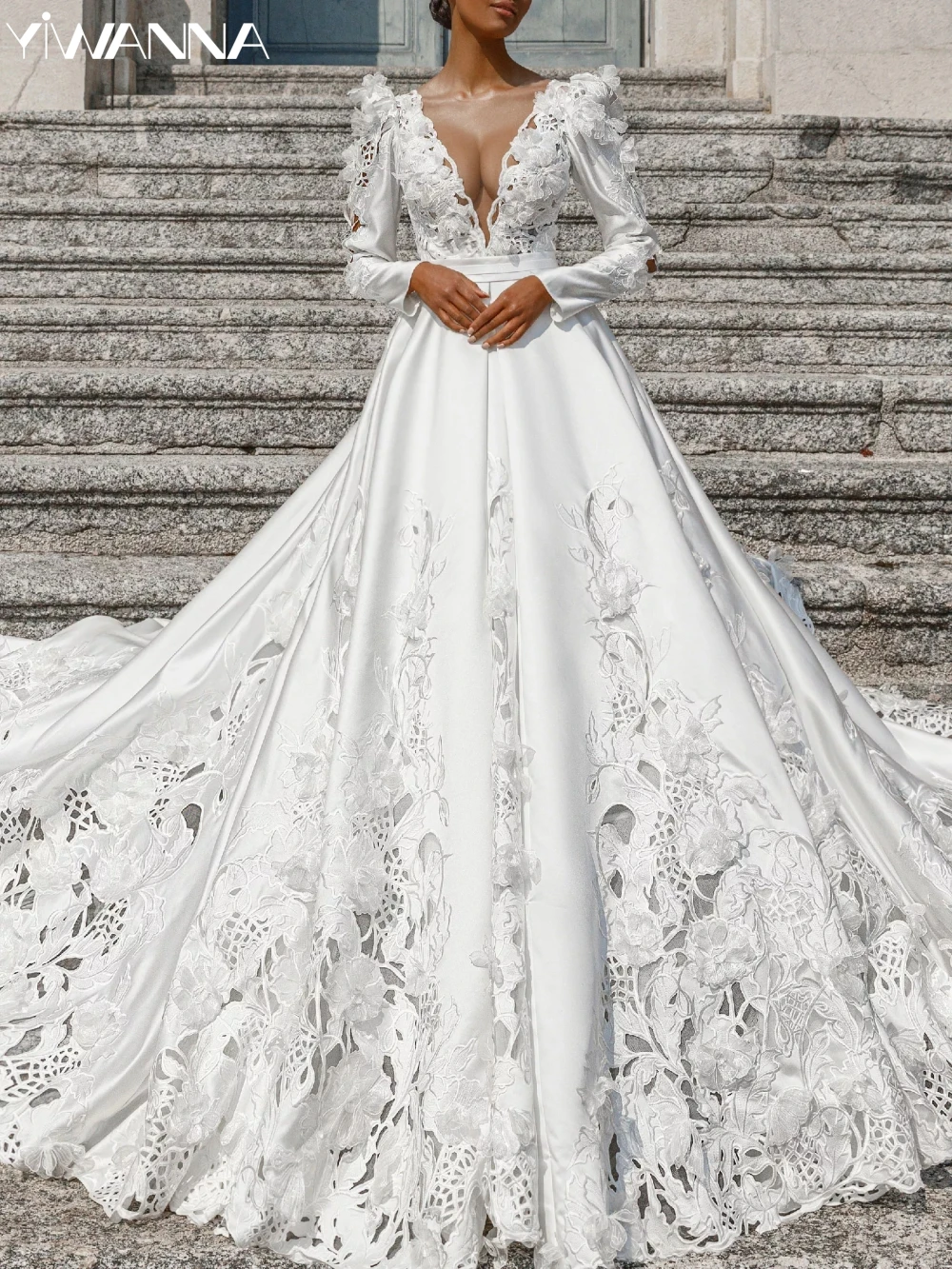 Classic O-neck Long Sleeve Wedding Dress Elegant Appliques 3D Flower Bride Robe White Satin Long Bridal Gown Robe De Mariée