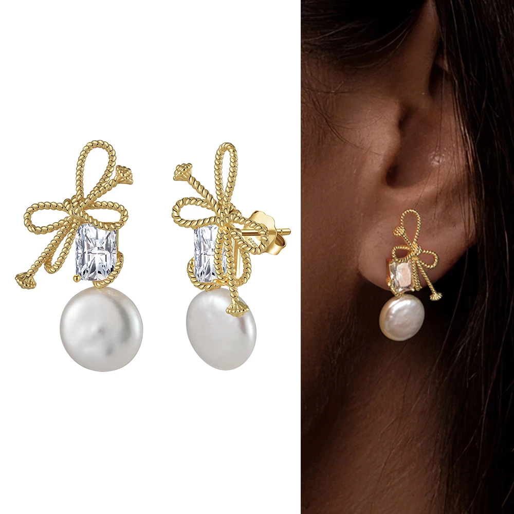 

KISS MANDY 925 Sterling Silver Real Baroque Freshwater Pearl Drop Earrings Bow Knot Cubic Zircon for Women Luxury Jewelry GPE84